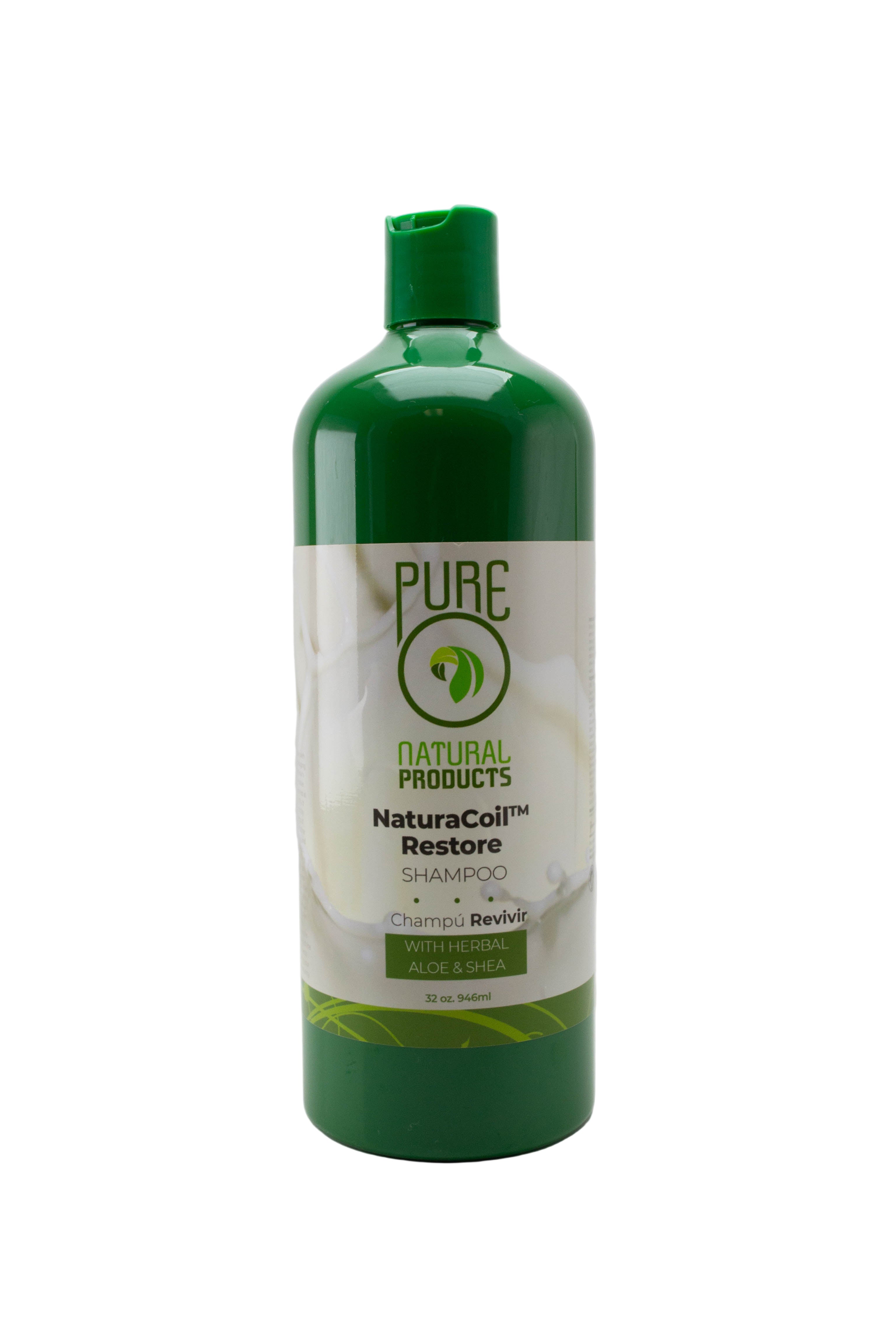 Green bottle of Pure Natural Products NaturaColl Restore Shampoo