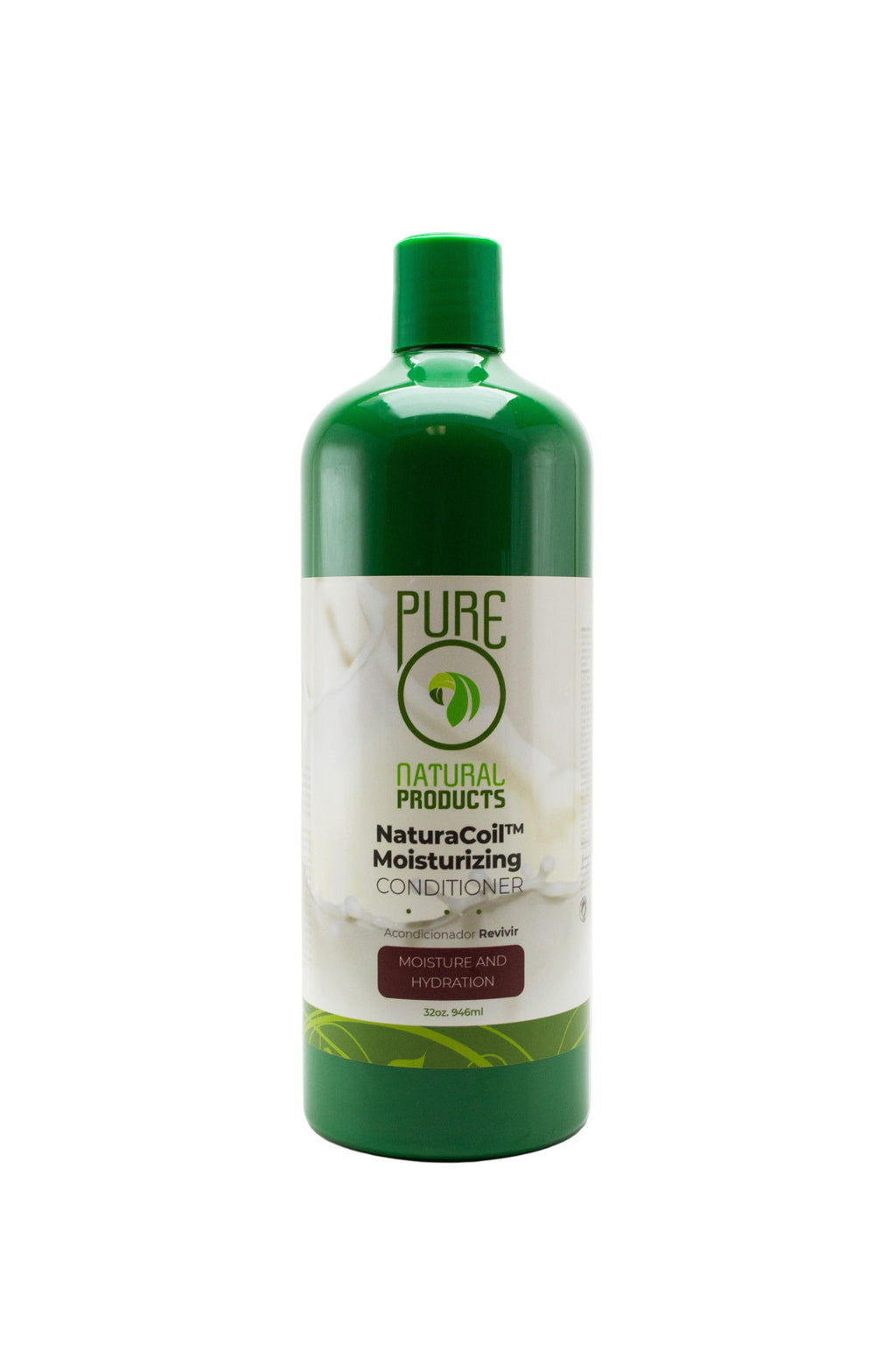 Green bottle of Pure Natural Products NaturaCoil Moisturizing Conditioner on a white background