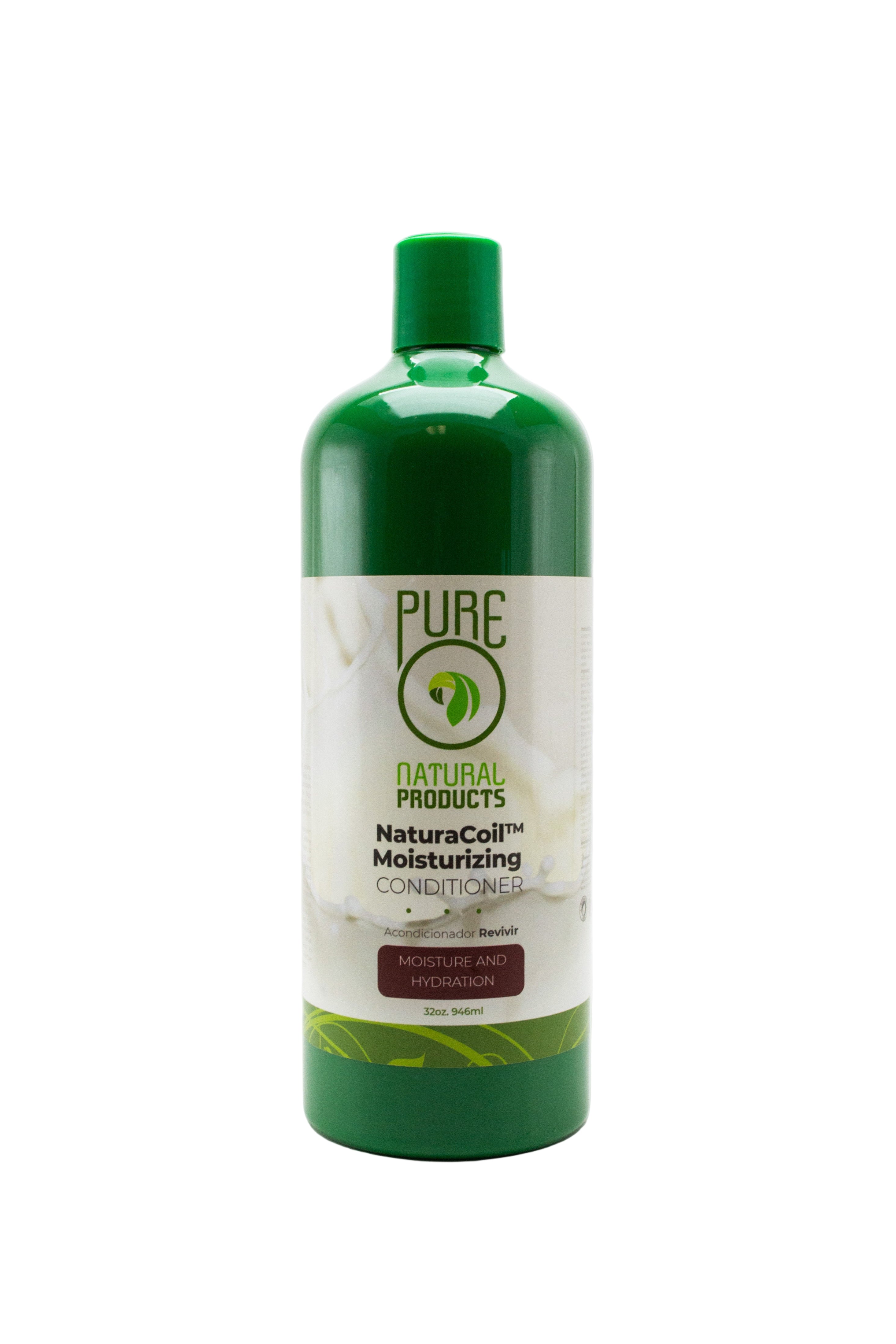 Green bottle of Pure Natural Products NaturaCoil Moisturizing Conditioner on a white background